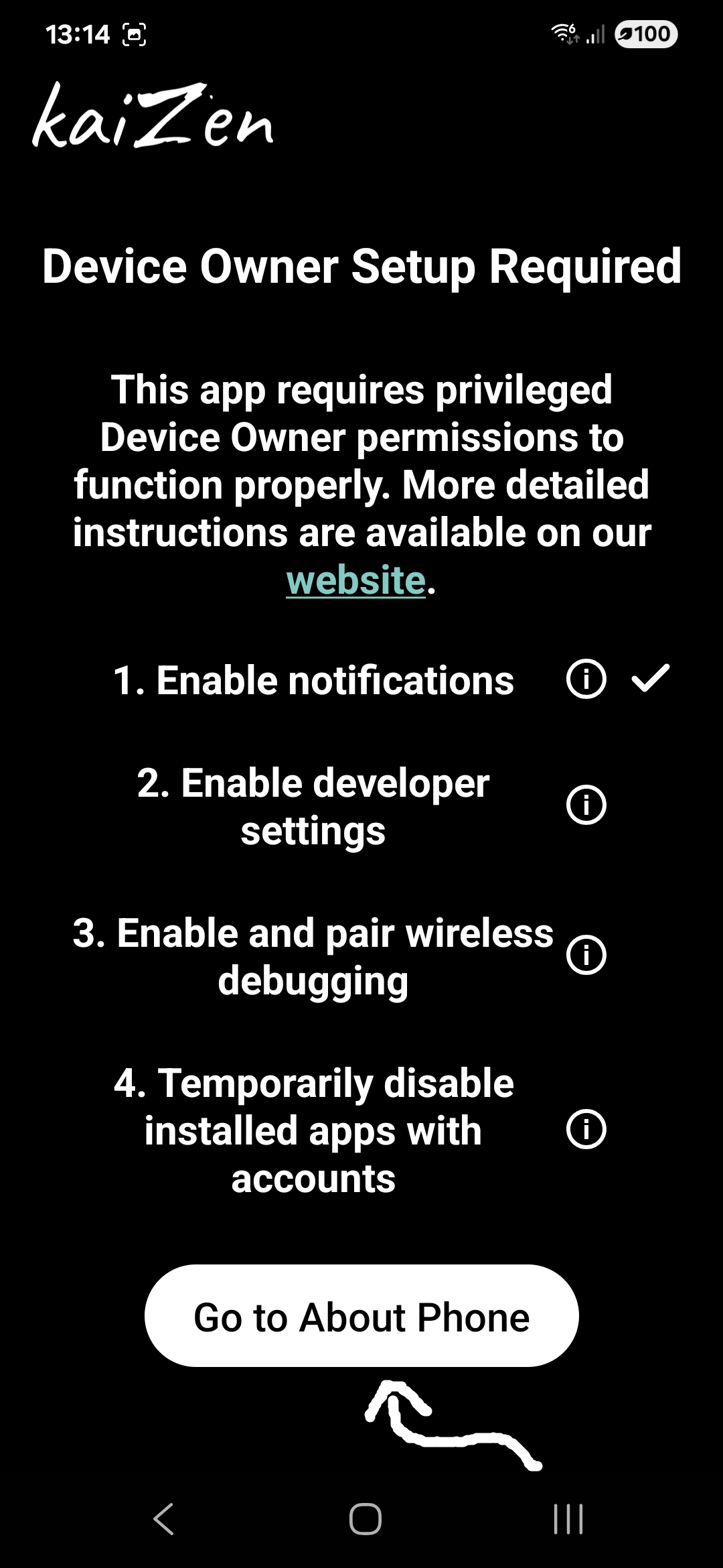 Setup Dev Options Screen 1